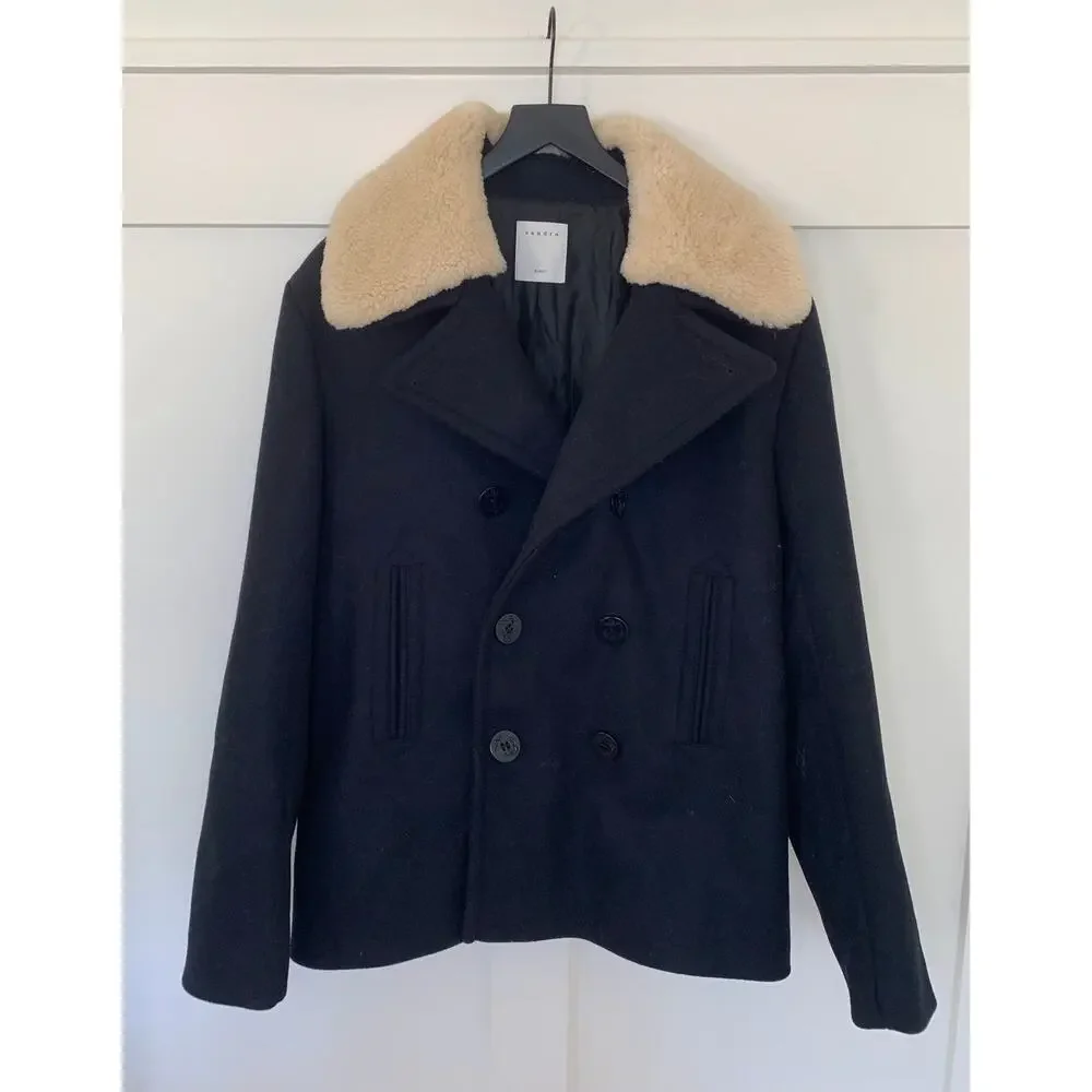 Sandro Mens Peacoat Sheepskin Collar in Marine Size XL 2-Button Front Pockets - Picture 2 of 5
